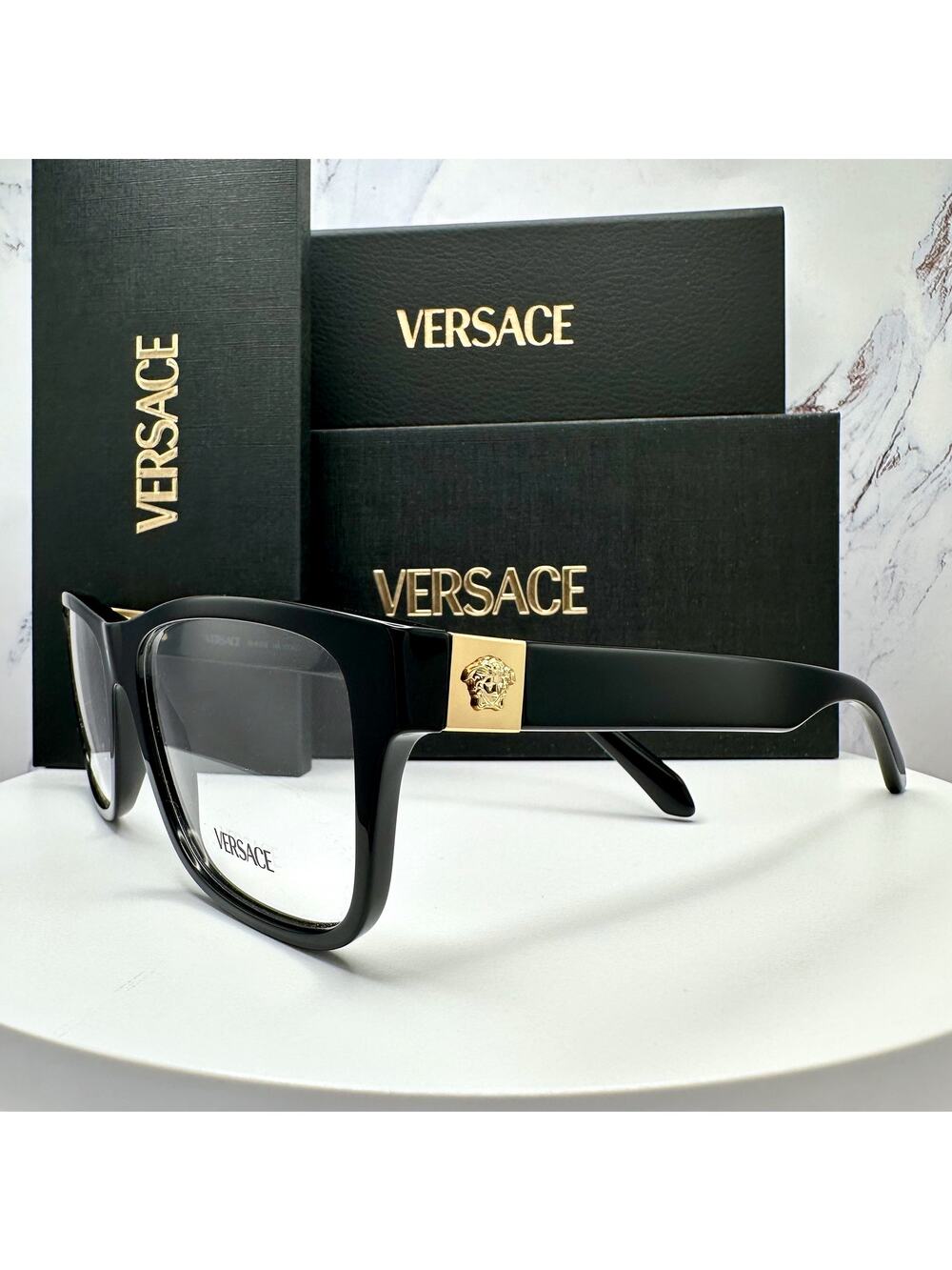 New VERSACE Eyeglasses Black Square 56-17-145mm Gold Medusa Versace